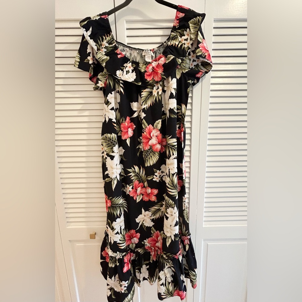 KY Hawaii Long hibiscus floral tropical double ruffle Mu Mu dress, SZ Large